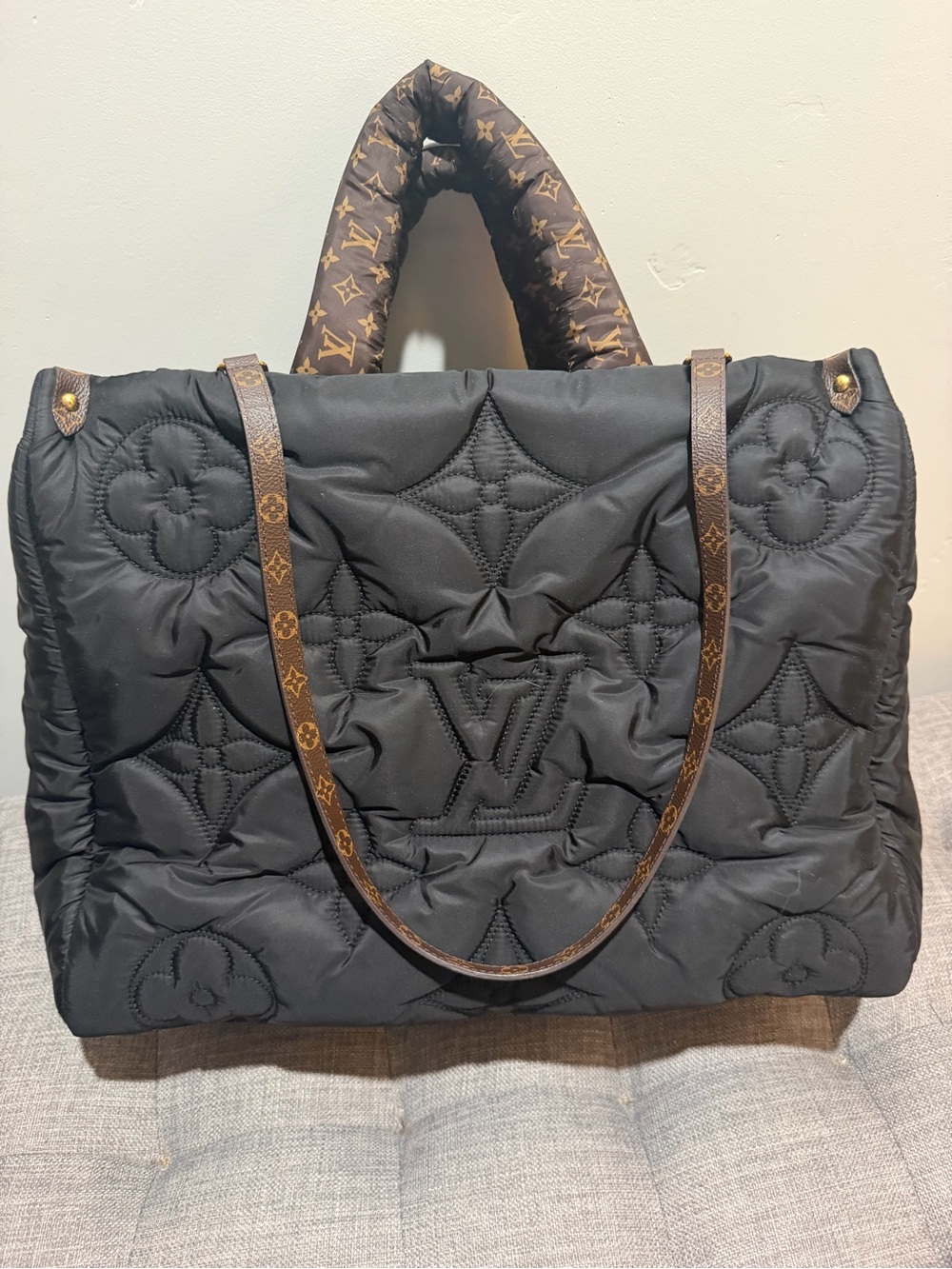 Louis Vuitton Black Quilted Nylon Tote with Monogram Brown Handles
